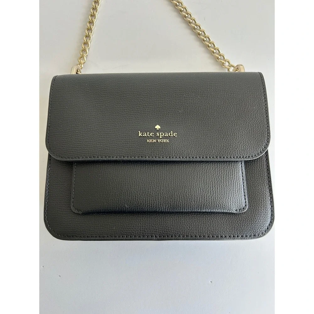 Kate Spade New York Black Pebbled Leather Crossbody Bag Gold Chain Strap